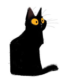 a black cat with yellow eyes sitting down