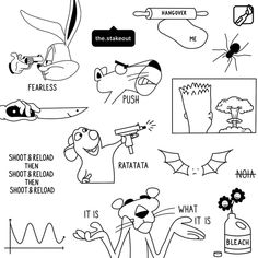 an image of cartoon characters with words and pictures on the page, which are also in black and white