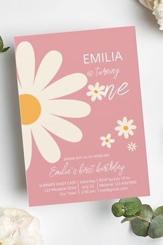 Retro desert daisy 1st birthday party dusty pink invitation template instant download Retro Daisy 1st Birthday Party, Daisy Party Invitations, Daisy Invitations Birthday, One Daisy Birthday, Dusty Pink Invitation, Daisy Birthday Party Decorations, Daisy Themed Birthday Party