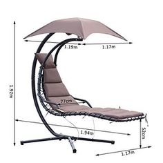 the measurements for a hanging chair with an umbrella over it, including height and width