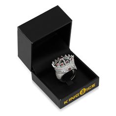 King Ice introduces this custom piece inspired after Tupac's crown ring. Over a year in the making, and after countless revisions, no detail or expense was spared in the making and design process. Finished in 14K Gold or white gold plating and hand set with red, white, and cognac-orange CZ stones, this piece is a sign of power and the influence of hip hop culture in high-end jewelry. Crown Rings For Men, Crown Ring Queen, Gold Crown Ring Men, Queen Rings Princess Crowns, Ice Crown, Iced Out Crown Pendant, Hip Hop Rings, Huge Rings, Crown Ring