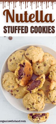 chocolate chip cookies in a white bowl with the words nutella stuffed cookies on top