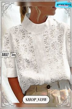 Women's Lace Half Sleeve Turtleneck Shirt Elegant Spring Crew Neck Shirt, Elegant Spring Shirt With Crew Neck, Elegant Crew Neck Shirt For Spring, White Short Sleeve Blouse For Fall, Spring Crew Neck Blouse, White Collared Top For Spring, White Crew Neck Blouse For Fall, Chic Summer Shirt With Crew Neck, Chic Crew Neck Shirt For Summer