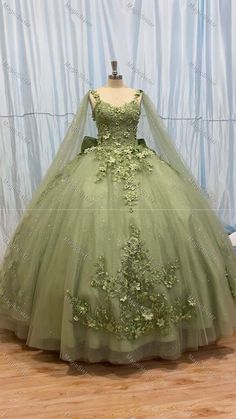 Princess Tiana Green Dress, Princess And The Frog Dress Style, Quince Sage Green Dress, Sage Green 15 Dress, Wedding Dresses Sage Green, Sage Green Debut Theme, Princess Tiana Inspired Dress, Sage Green Dress Quinceanera, Sage Green And Gold Quinceanera Dresses