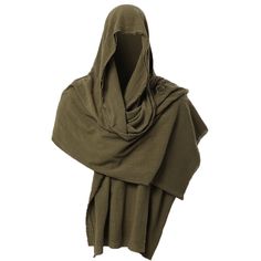 an olive green shawl draped over a white background, with the hood pulled back