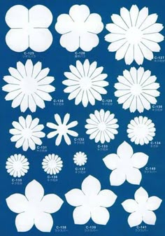 an image of paper flowers in white on a blue background with the words, flower cut outs