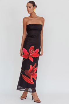 Iridian Strapless Floral Maxi Dress Black by Selfie Leslie Midi Semi Formal Dress, Resort Formal, Long Dress For Women, Tube Maxi Dresses, Placement Print, Girl Dinner, Floral Cocktail Dress, Strapless Maxi, Strapless Maxi Dress