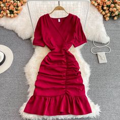 Cute v neck short dress fashion dressFabric: blendedColor: red, pink, green, khaki, black, yellow, blue, green, orangeSize(cm): free size(1inch=2.54cm)length 96cm bust 98cm waist 76cmPlease check the size carefully when you choose items.For more pictures of the dress, please contact us, thank you. Feminine V-neck Dress With Ruffles And Short Sleeves, Elegant Short Sleeve V-neck Dress For Date Night, Spring Party Short Sleeve V-neck Dress, Elegant V-neck Short Sleeve Dress, Elegant Mini V-neck Dress, Feminine Solid V-neck Mini Dress, Summer Ruched Mini Dress With V-neck, Elegant V-neck Solid Color Dress, Feminine V-neck Solid Color Midi Dress