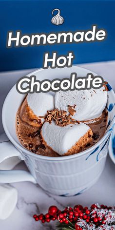 homemade hot chocolate with marshmallows in a white bowl