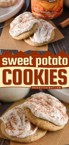 Sweet Potato Cookies with Cinnamon Cream Cheese Frosting, fall baking, cookies Can Yams Recipe, Canned Sweet Potato Recipes, Sweet Potato Dessert Recipes, Fluffy Cookies, Potato Party, Cookies With Cinnamon, Potato Cookies, Sweet Potato Cookies, Sweet Potato Dessert