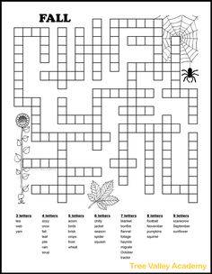 a crossword puzzle with the words fall on it and a spider hanging from its web