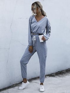 🚚FREE Shipping on orders over $80 ✨ use Code: "Mylook" for Extra Discount at checkout Women Casual V Neck Long Sleeve Solid Color Crop Top and Long Pants Two Piece Sportswear Suit Gray Athleisure Sets For Loungewear, Gray Athleisure Loungewear Sets, Sporty V-neck Loungewear Activewear, Sporty Gray Loungewear Sets, Sporty V-neck Activewear, Spring V-neck Activewear For Loungewear, 2 Piece Jumpsuit, Slim Cardigan, Split Sweater