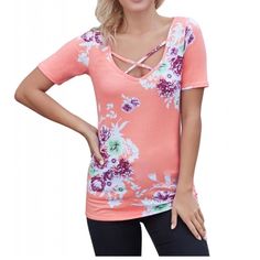 Pink Criss Cross Floral Shirt- Very True To Size! Purple Floral Print Top For Day Out, Spring Purple V-neck Shirt, Purple V-neck Summer Shirt, Casual Purple Floral Print Tops, Purple Stretch Feminine Top, Stretch Purple Feminine Tops, Feminine Orange V-neck Top, Stretch Purple T-shirt For Spring, Purple Floral Print Short Sleeve Tops