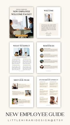 the new employee guide is shown in four different colors and font styles, including one for each