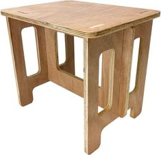 a small wooden table with two legs on each side and one leg raised up to the ground