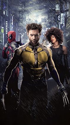 the wolverine and deadpool characters are standing in front of a cityscape with skyscrapers