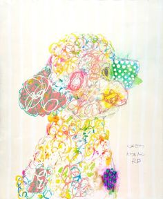 a drawing of a dog made out of colorful yarns and paper mache on a white striped background