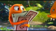 an orange bird holding playing cards in front of another character from the movie finding nemo