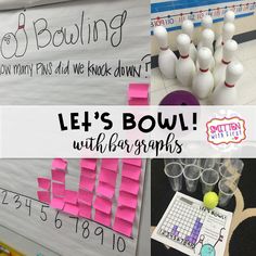 several different pictures with some writing on them, including bowling pins and pink sticky notes