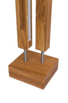 a wooden stand with two metal posts on it's sides and a white background