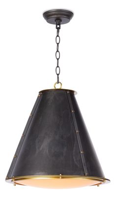 a black and gold pendant light hanging from a ceiling fixture with chain around it's neck