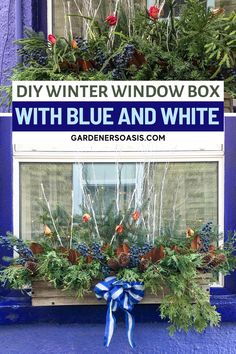 DIY Winter Window Box With Blue And White