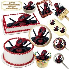 a cake and cupcakes decorated with deadpool decorations for a birthday or baby's first birthday