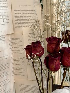 some red roses are sitting in front of an open book with white flowers on it