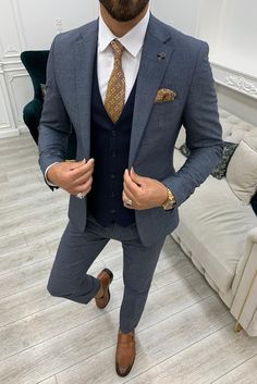 GentWith Miami Navy Blue Slim Fit Notch Lapel Suit 3 Piece Suit Color Combination Men, Navy Blue Suit Men Color Combinations, Costume Peaky Blinders, Blue Check Suit, Blue Slim Fit Suit, Grey Slim Fit Suit, Grey Suit Men, Groom Party, Pants Gift