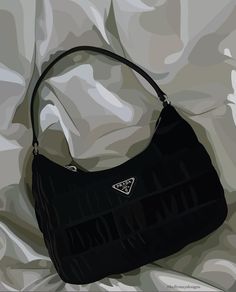 a black purse sitting on top of a bed