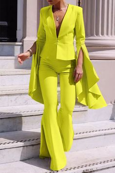 Wholesale Yellow Fashion Irregular Large Sleeve Flare Pants Two Piece Suit- wholesale21.com Celana Fashion, Yellow Two Piece, Pant Suits For Women, Fest Outfits, Two Piece Pants Set, Pantsuits For Women, Blazer Set, فستان سهرة, Bell Bottom Pants