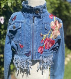 Fitted Spring Outerwear With Tassels, Fitted Outerwear With Tassels For Spring, Blue Spring Outerwear With Tassels, Spring Blue Outerwear With Tassels, Blue Outerwear With Tassels For Spring, Butterfly Jacket, Fringe Flower, Girls Fringe, Kids Denim Jacket