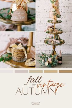 a collage of photos with the words fall vintage autumn written in gold and pink