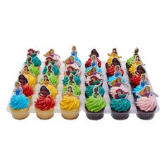 several cupcakes with different colored frosting on top of each other in the shape of princesses