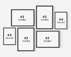 six black and white framed art prints with measurements for each piece in the same frame