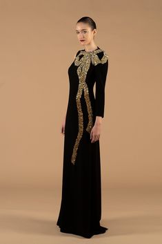 One sleeve embellished column silhouette dress - HerTrove Fancy Dress Long Sleeve, Butterfly Prom Dress, Fancy Black Dress, Isabel Sanchis, Straight Cut Dress, Golden Embroidery, Haute Couture Gowns, Silhouette Dress, Dress Name