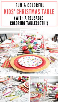 kids'christmas table with colorful plates and place settings