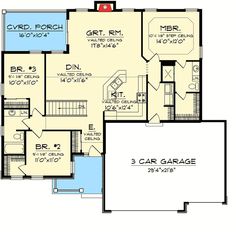 the first floor plan for a house with two garages and an upstairs living area