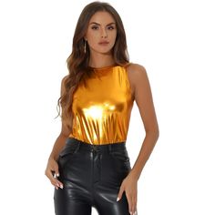 Your glittering personality will shine through in this breezy stretchy metallic flashing round-neck top. A finely smooth top is cut in a chic swing silhouette to make you shine on any occasion in this stylish tank top. It's a nice choice for different parties. Shimmering golden threads make this lightweight, fine-gauge top truly shine. Cut from soft semi-shiny stretch fabric, this lightweight tank top keeps you cool and makes you chic. Shiny Tank Top For Party Season, Glamorous Shiny Tank Top For Party, Trendy Metallic Tank Top For Party, Shiny Sleeveless Tank Top For Party, Metallic Tank Top For Party Season, Glamorous Metallic Tank Top For Party Season, Shiny Stretch Top For Party, Metallic Shimmer Tank Top For Night Out, Glamorous Gold Tank Top For Party