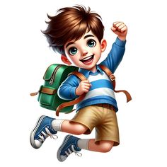 a young boy with a backpack jumping in the air