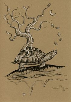 a drawing of a turtle with its head in the air and leaves coming out of it