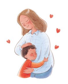 a woman holding a child in her arms with hearts coming out of the back ground