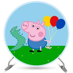 a cartoon pig holding balloons and a lizard