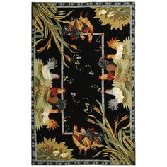 an area rug with flowers and birds on black ground, in front of a white background