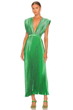 100% poly.  Made in Indonesia.  Hand wash.  Unlined.  Hidden back zipper closure, Adjustable back strap.  Pleated satin fabric.  Shoulder seam to hem measures approx 55" in length.  .  .  .  .  .  .  .  .  . Gala Gown, Dress Code Wedding, Green Dress Casual, Guest Attire, Wedding Attire Guest, Green Midi Dress, Fashion Help, Wedding Attire, Wedding Guest Outfit