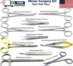 11Pcs Minor Surgery Kit Surgical Instruments Student Dissecting Suture Removal Product Name                                                                                                                                                       X1 Olsen Hegar + Scissor TC 14cm X1 Mayo Hegar Needle Holder TC 14cm X1 Kelly Forceps (Straight) 14cm X1 Kelly Forceps (Curved) 14cm X1 Mosquito Forceps (Straight) 12.5cm X1 Mosquito Forceps (Curved) 12.5cm X1 Adson Tweezer 12cm X1 Adson Kocher Tweezer 12cm X1 Iris Scissor (Straight) 11.5cm X1 Spencer Stitch Scissor 13cm X1 Scalpel Handle #3 Surgical Instruments Names, Surgical Stitches, Medical Assistant Student, Medical School Life, Dental Anatomy, Nurse Study Notes, Surgical Nursing, College Motivation, Surgical Tech