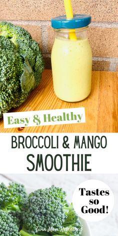 broccoli and mango smoothie in a mason jar with a straw on top