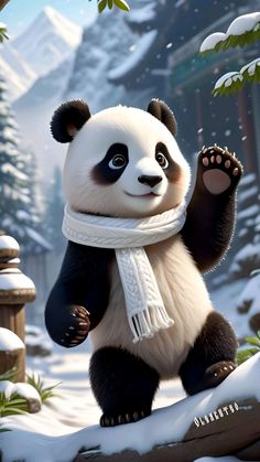 a panda bear is standing in the snow with his paws up and wearing a scarf