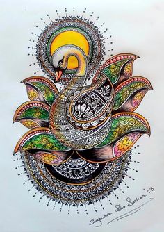 a drawing of a peacock on top of a flower