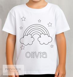 Looking for a fun and creative way to entertain your kids on weekends or to give as party favors? Look no further than our personalized white cotton colour me-in t-shirts! These t-shirts are perfect for unleashing your child's artistic side while keeping them stylishly clad. Our t-shirts are made from 100% cotton and printed using DTG technology, ensuring brilliant and long-lasting colors. Available in sizes 1-12 years, each shirt is personalized by printing your child's name right on the front Playful White Customizable T-shirt, Playful Customizable White T-shirt, Rainbow Colour, Natural Forms, Kids Entertainment, Christmas Baby, Baby Wearing, Kid Names, Rainbow Colors